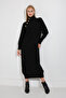 Half Turtleneck Stand Collar Long Sleeve Asymmetrical Button Detail Soft Textured Full Ankle Length Knitwear Dress - 7