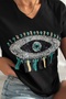 Women's Black V-Neck Eye Pattern Sequin Sequin Embroidered Tassels 100% Cotton T-Shirt - 2
