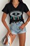 Women's Black V-Neck Eye Pattern Sequin Sequin Embroidered Tassels 100% Cotton T-Shirt - 6