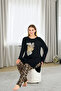 Women's Plus Size Letter Printed Long Sleeve Black Wild Bottom Top Pajamas Set - 2