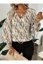 V-Neck Patterned Long Sleeve Women's Blouse | Smocked Sleeve Detail | Chic Single Jersey Fabric - 2