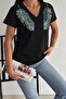 Women's Black V-Neck Shoulder Leaf Sequin Sequin Embroidered 100% Cotton T-Shirt - 7