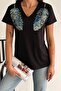 Women's Black V-Neck Shoulder Leaf Sequin Sequin Embroidered 100% Cotton T-Shirt - 3