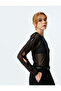 Bow Detailed Long Sleeve Sheer Tulle T-Shirt