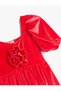 Balloon Sleeve Crew Neck Floral Appliqued Velvet Dress - 3