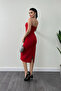 Atlas Fabric Strap Sequin Detailed Pencil Dress - Red - 5