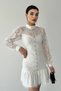 Women's Lace Guipure Fabric Button Detail See-Through Design Mini Flared White Dress 285 - 3