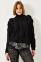 Women's Black Turtleneck Fringed Knitwear Sweater 20246307