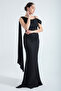 Women's Black One Shoulder Stone Strap Long Satin Evening Dress - 4