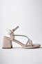 Women's Leather Stripe Stone Cross Thick Heeled Shoes - 5