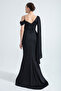 Women's Black One Shoulder Stone Strap Long Satin Evening Dress - 5