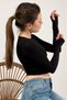 Women's Crew Neck Finger Detail Sports Bodysuit Basic Soft Touch Sports Crop Black - 4