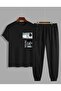 Men's Black Jogger Tracksuit Set - Comfortable Fit, Printed T-Shirt + Sweatpants - 2