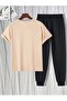 Men's Thıs Printed T-shirt Sweatpants Jogger Comfortable Fit Beige Tracksuit Set New Model - 2