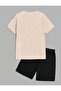 Amsterdam Palm Printed T-Shirt Short Wide Leg Comfortable Fit Black Bottom Beige Top Short Set - 2