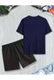 Men's Ctıy of Printed T-Shirt Short Wide Leg Comfortable Fit Black Bottom Navy Blue Top Short Set - 2