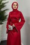 Red Satin Evening Dress with Vlasi Sleeves and Baguette Stones - 4