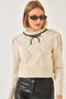 Women's Cream Collar Beaded Bow Knitwear Sweater 20246308