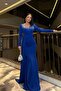 Blue Crepe Evening Dress - Double Breasted Neckline and Stone Detail Glitter