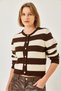 Women's Brown Ecru Striped Knitwear Cardigan 20246868 - 3