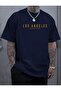 Losangeles Downtown Printed Cotton Combed Round Neck Navy Blue T-Shirt