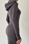 Grey Sandy Fabric Hooded Neckline Long Sleeve Midi Evening Dress 293 - 5