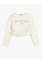 Crew Neck Long Sleeve Cotton Crop T-Shirt with Embroidery Detail