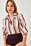 Women's Ecru Burgundy Striped Button Closure Satin Shirt 2011 60261333 - 3