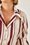 Women's Ecru Burgundy Striped Button Closure Satin Shirt 2011 60261333 - 5