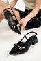 Women's Black Patent Leather Saddled Buckle Pointed Toe Heeled Shoes - 4