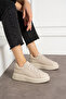 Beige Lace-Up Pearl Detail Thick Sole Sneakers - 3