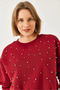 Women's Burgundy Crew Neck Sweatshirt with Pearl Buttons on the Front and Three Thread Ribbons 60601041 - 5