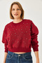 Women's Burgundy Crew Neck Sweatshirt with Pearl Buttons on the Front and Three Thread Ribbons 60601041 - 3