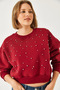Women's Burgundy Crew Neck Sweatshirt with Pearl Buttons on the Front and Three Thread Ribbons 60601041 - 2