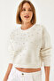 Women's Ecru Crew Neck Sweatshirt with Pearl Buttons on the Front and Three Thread Ribbons 60601041