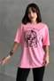 Women's Pink Face Printed Crew Neck Oversize T-Shirt
