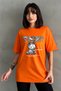 Women's Orange Super Plush Rabbit Printed Crew Neck Oversize T-Shirt