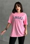 Women's Pink Angel Printed Crew Neck Oversize T-Shirt