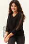 Women's Plus Size V-Neck Bat Sleeve Shoulders Mesh Detail Black Blouse - 5