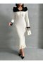Women's Ecru Stylish Neckline Detailed Midi Length Knitwear Dress