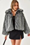 Women's Black and White Collared Faux Fur Lined Coat 38120 60251969 - 3