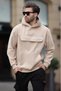 Beige Hooded Fleece Men's Sweatshirt with Pocket Detail 7097 - 4