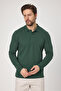 Frank Men's Green 100% Cotton Pique Knitted Stretch Fabric Slim Fit Long Sleeve Polo T-Shirt