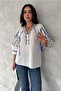 Women's White Blue Leaf Embroidered Short Sleeve Tie-Detail Cotton Blouse - 2
