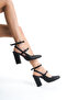 Black Skin Square Toe Buckle High Heeled Shoes - 3