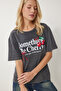 Women's Anthracite Printed Washed Knitted T-Shirt An00220 - 3
