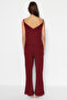 Bordo Dantelli ve Kurdele/Fiyonk Detaylı İp Askılı Viskon Örme Pijama Takımı THMSS20PT0134 - 6
