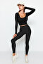 Siyah Seamless/Dikişsiz Crop Ekstra Esnek Örme Spor Üst/Bluz TWOAW22BZ0450 - 3