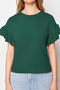 Zümrüt Yeşili %100 Pamuk Fırfır Detaylı Basic Bisiklet Yaka Örme T-Shirt TWOSS22TS2429 - 6