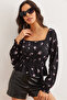 Women's Black Square Neck Viscose Blouse with Guiped Waist Blz- 19002820